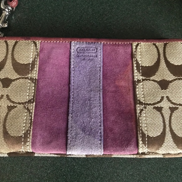 Coach Khaki/Purple Canvas Leather Suede Wristlet - Picture 5 of 16